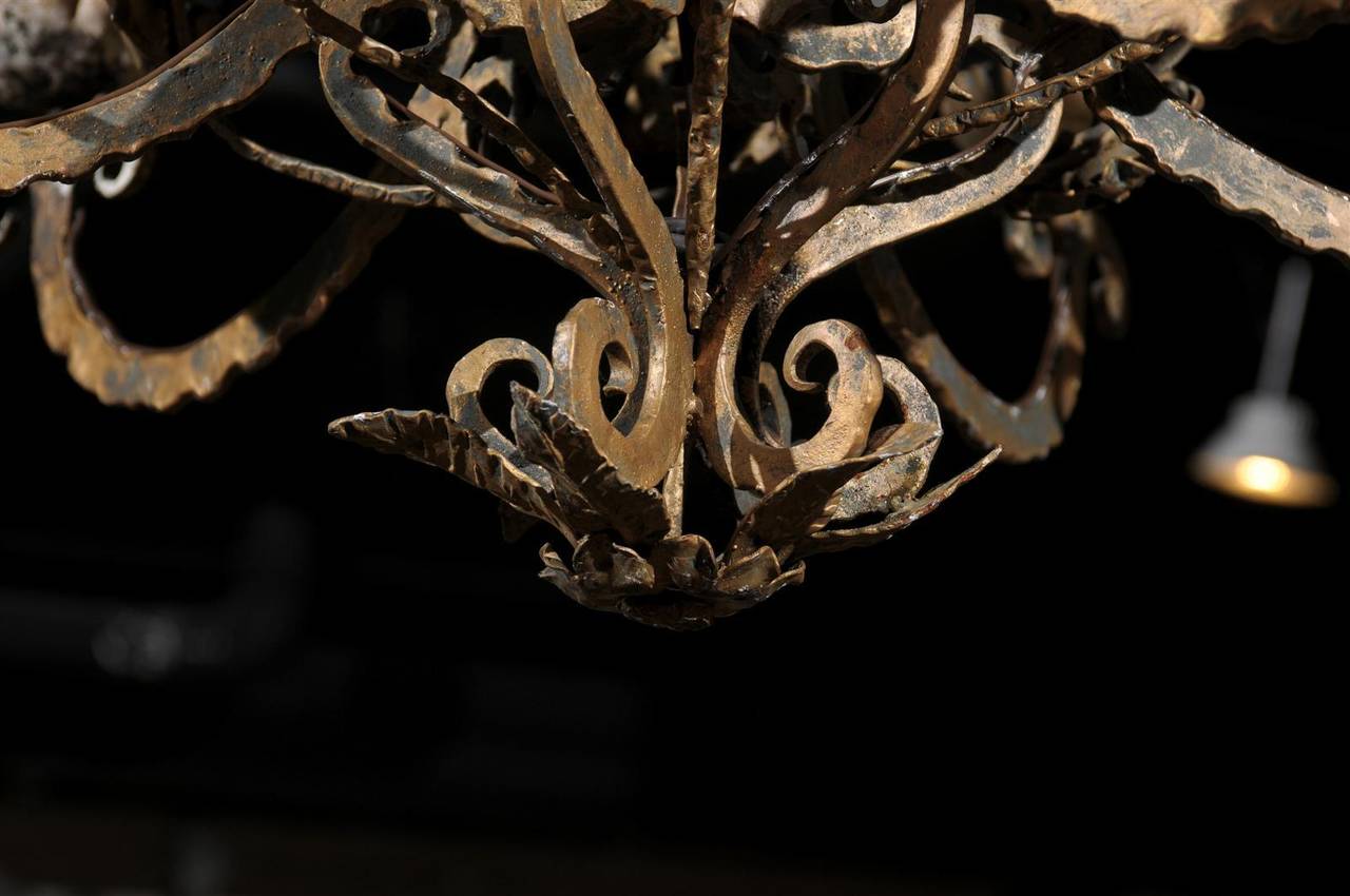 Italian Flower Basket Gold Painted Metal Chandelier from the Mid 20th Century 6
