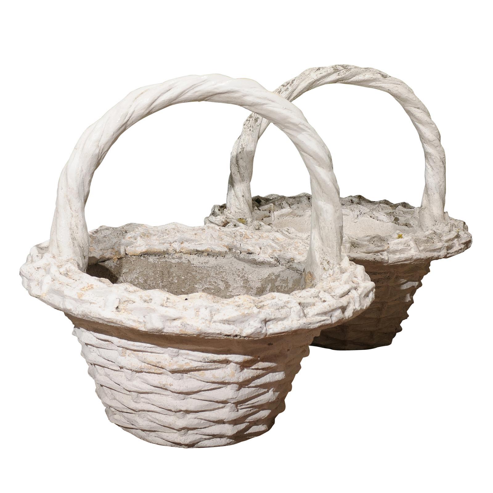 Pair of Large Vintage Paint Decorated Concrete Baskets