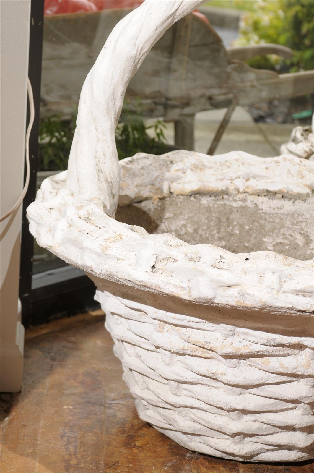 French Pair of Large Vintage Paint Decorated Concrete Baskets