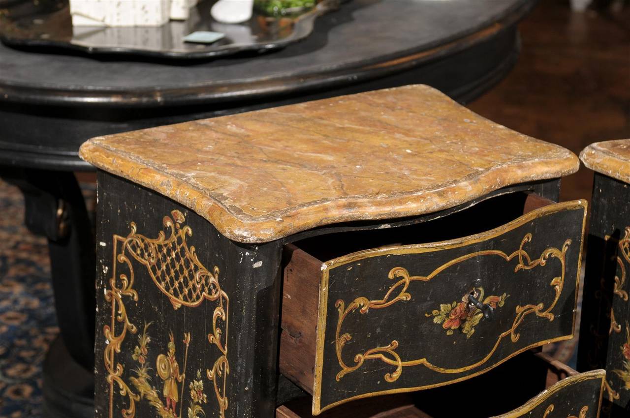 Pair of Florentine Black Painted Chinoiserie Petite Commodes from 19th Century 2