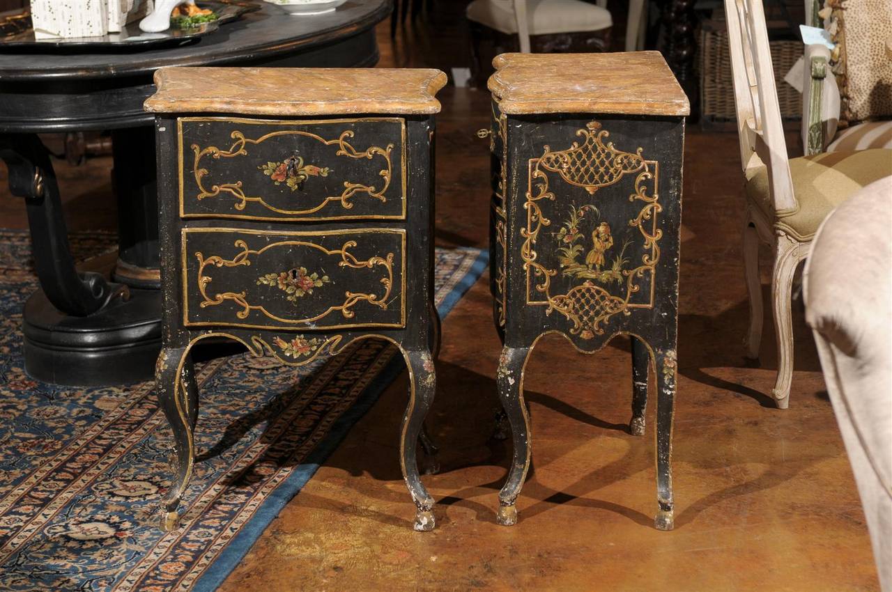 Pair of Florentine Black Painted Chinoiserie Petite Commodes from 19th Century In Excellent Condition In Atlanta, GA