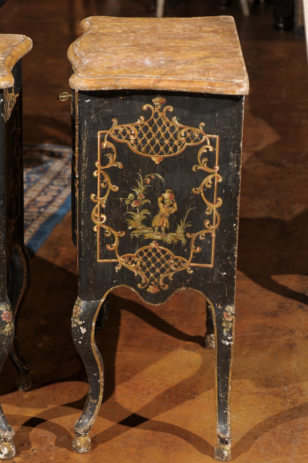 Pair of Florentine Black Painted Chinoiserie Petite Commodes from 19th Century 1