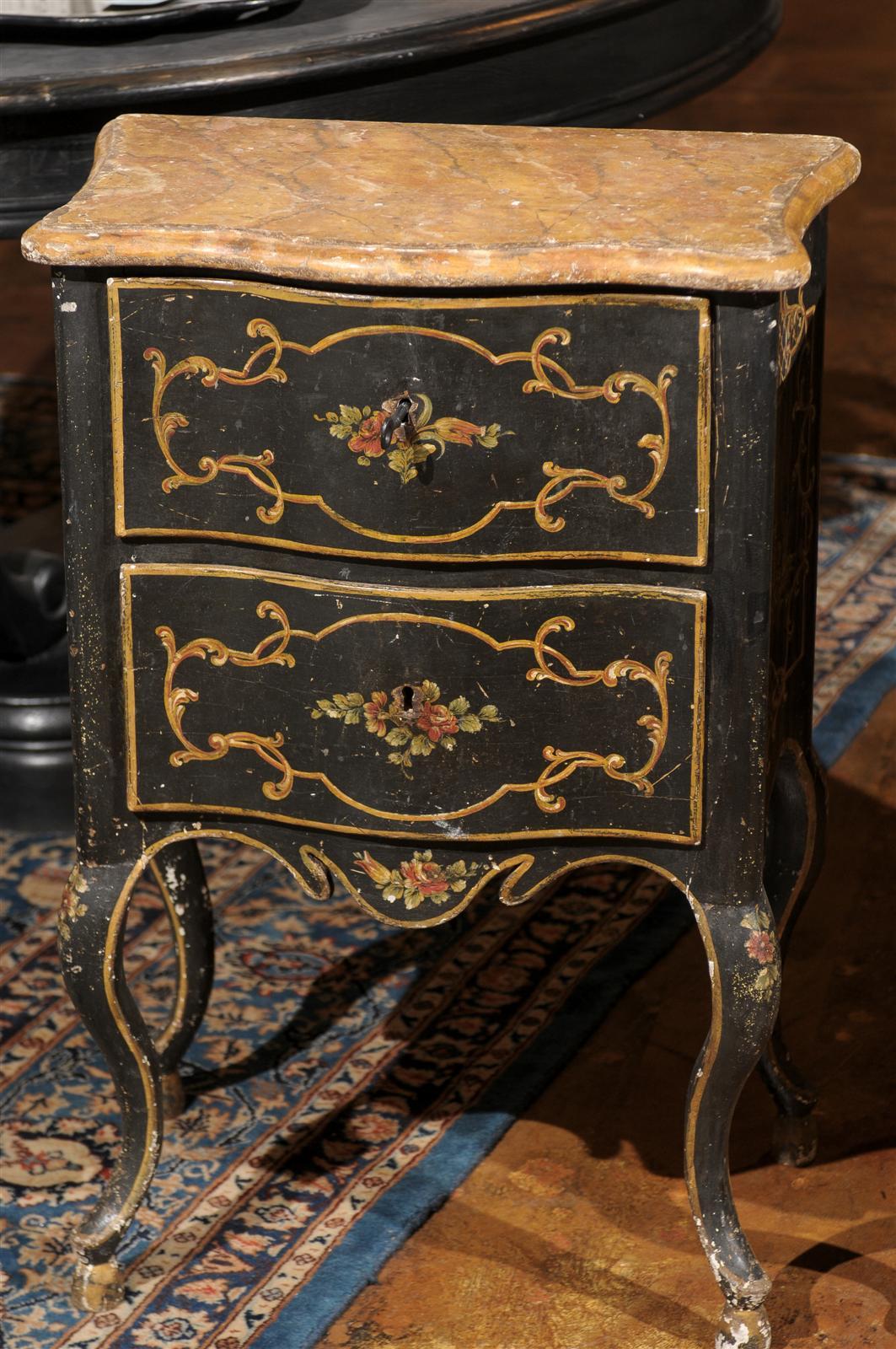 Wood Pair of Florentine Black Painted Chinoiserie Petite Commodes from 19th Century