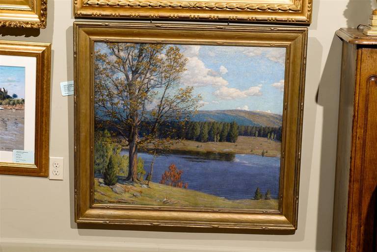 Oil on canvas depicting the landscape near the Hudson River Valley, signed lower left, framed.