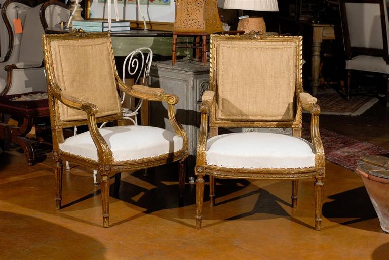 French Pair of Gilded Louis XVI Style Side Chairs