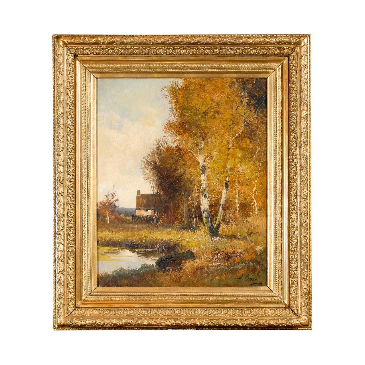 Landscape with original frame with beautiful patina. Signed.