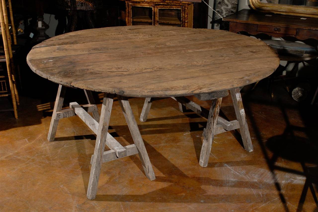 Wood Italian Round Table on Sawhorse Legs