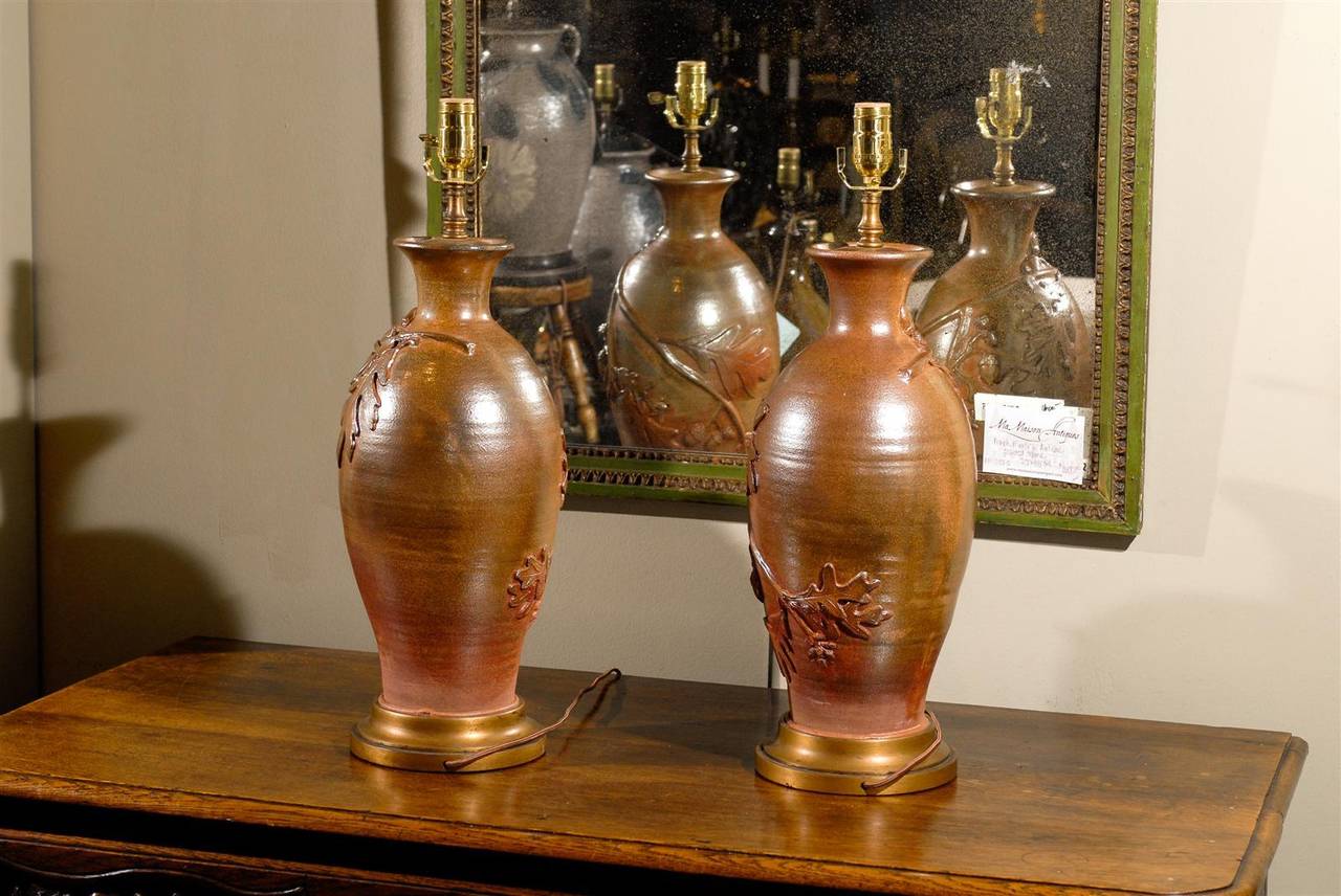 Glazed Pair of Contemporary Lustre Overglazed Ceramic Table Lamps with Oak Leaves