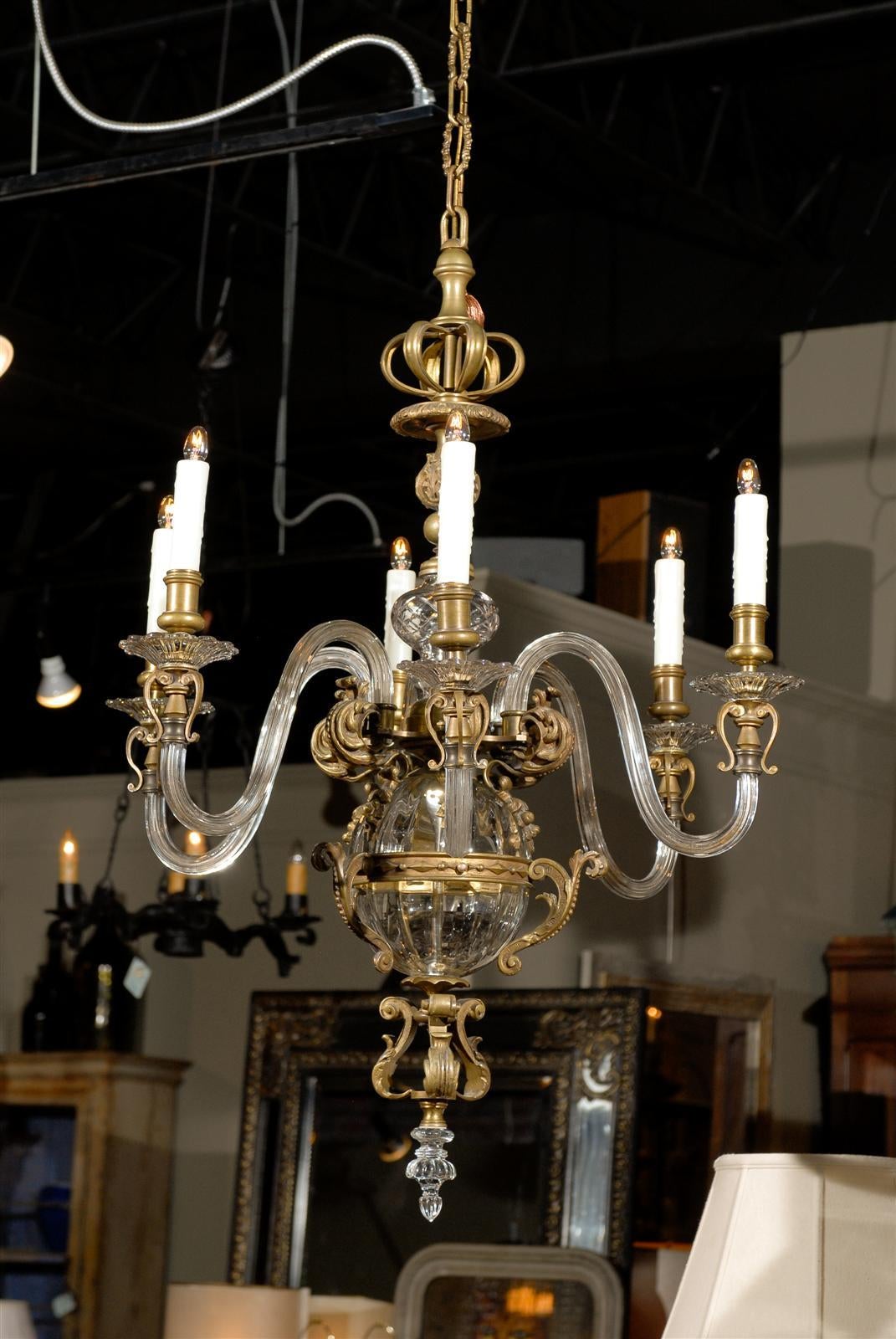 French Crystal and Bronze Chandelier In Excellent Condition In Atlanta, GA