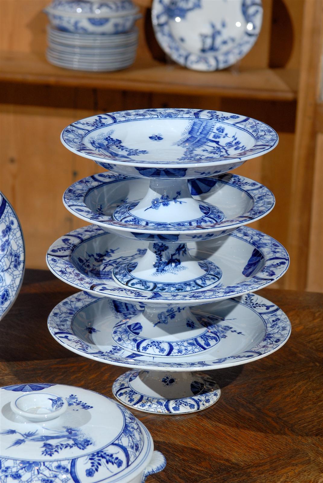Painted 85-Piece Blue and White Japonisme Porcelain Dinnerware Designed by Claude Monet