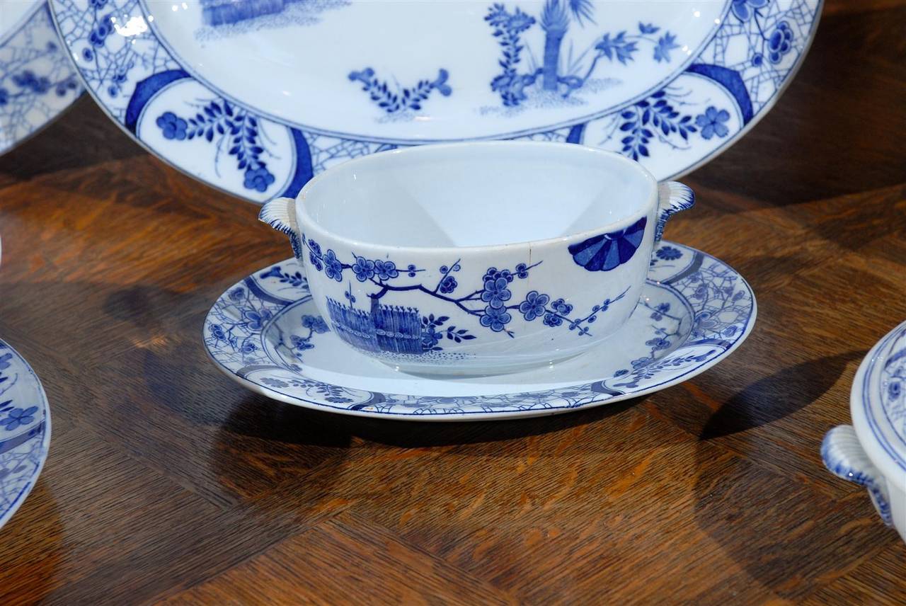 19th Century 85-Piece Blue and White Japonisme Porcelain Dinnerware Designed by Claude Monet