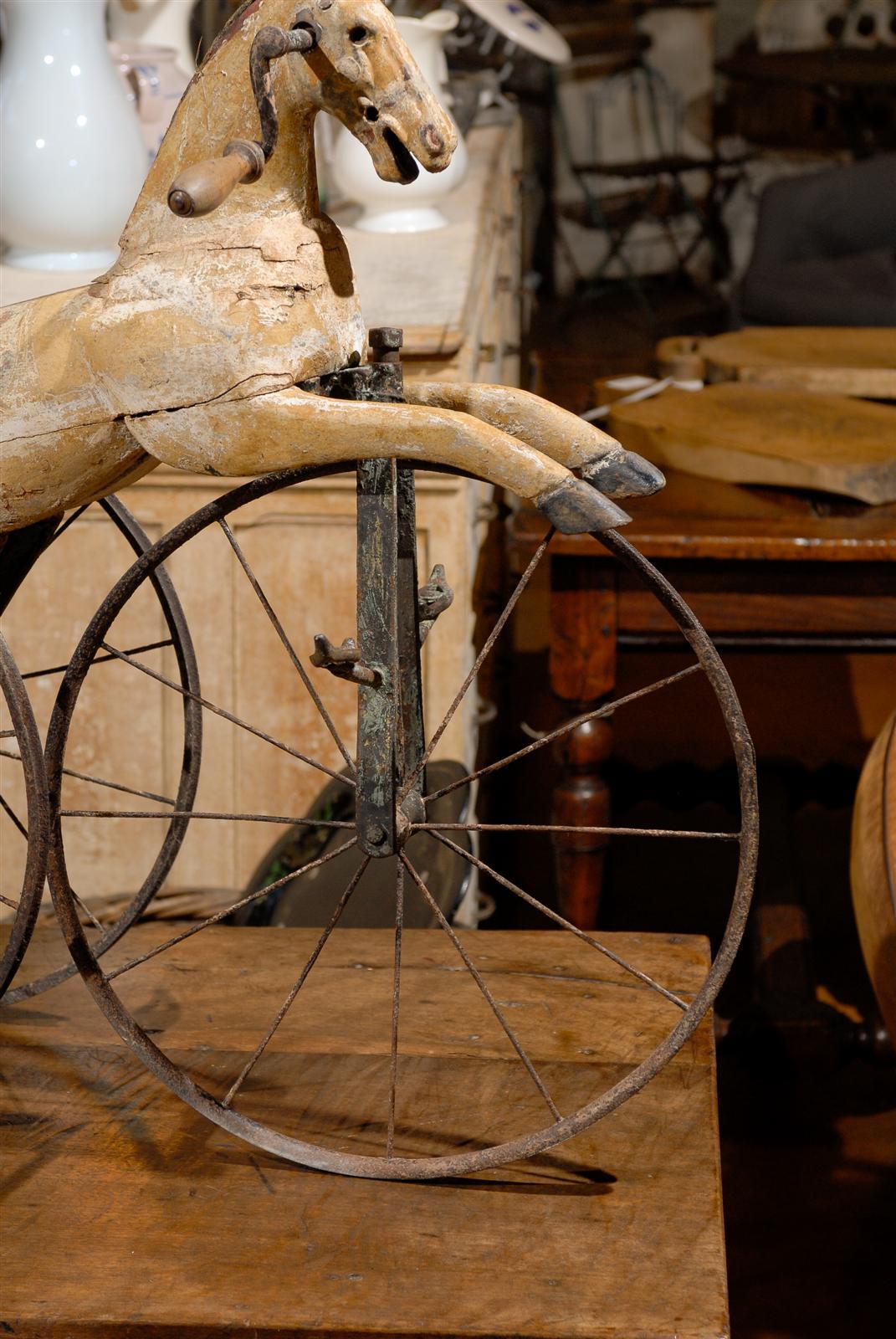 Iron French Carved and Painted Horse on Tricycle Decorative Object, circa 1880