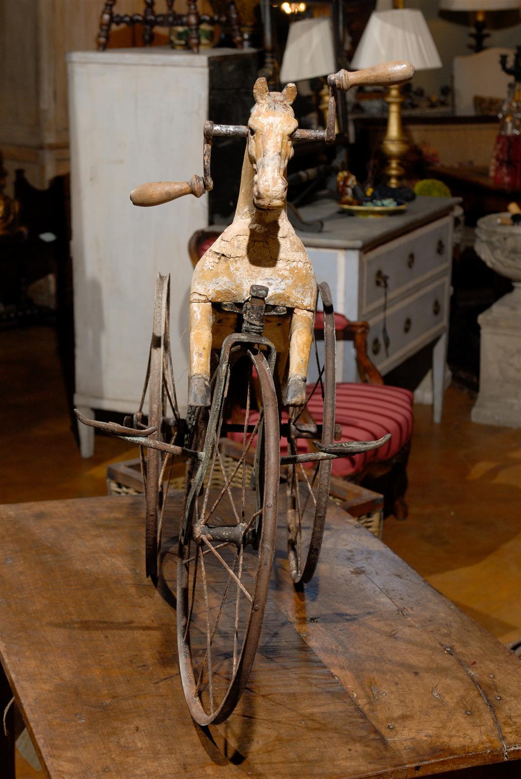 French Carved and Painted Horse on Tricycle Decorative Object, circa 1880 2