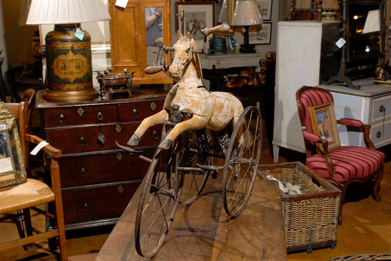 Folk Art French Carved and Painted Horse on Tricycle Decorative Object, circa 1880