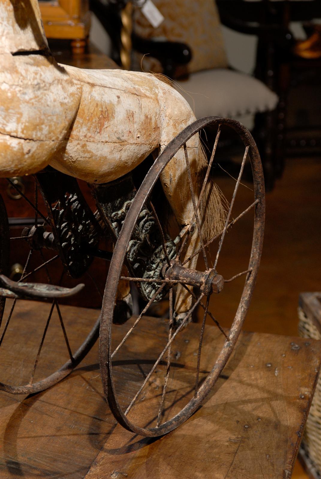 French Carved and Painted Horse on Tricycle Decorative Object, circa 1880 1