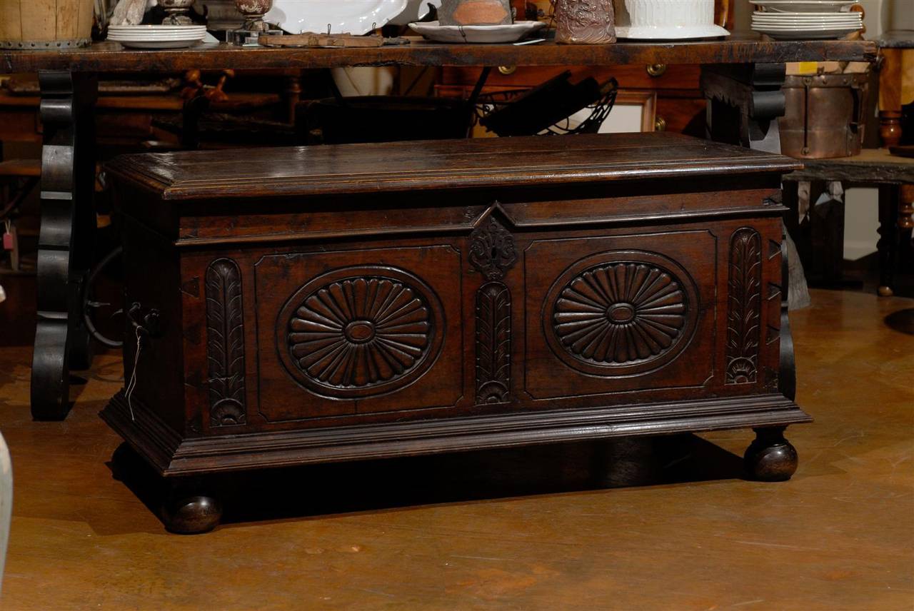 Beautifully carved coffer with original hardware and patina.