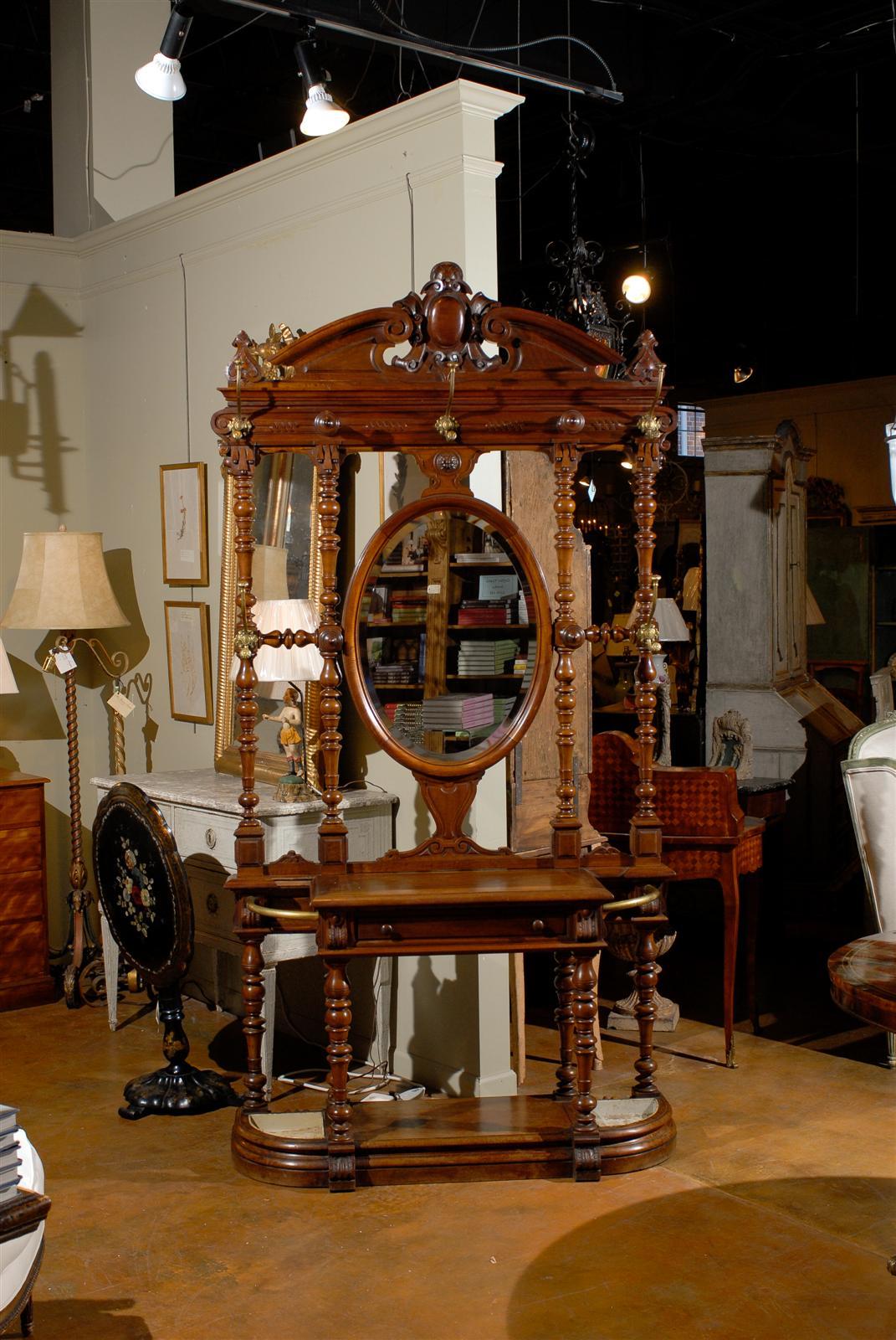 French Walnut Hall Tree with Central Mirror In Excellent Condition For Sale In Atlanta, GA