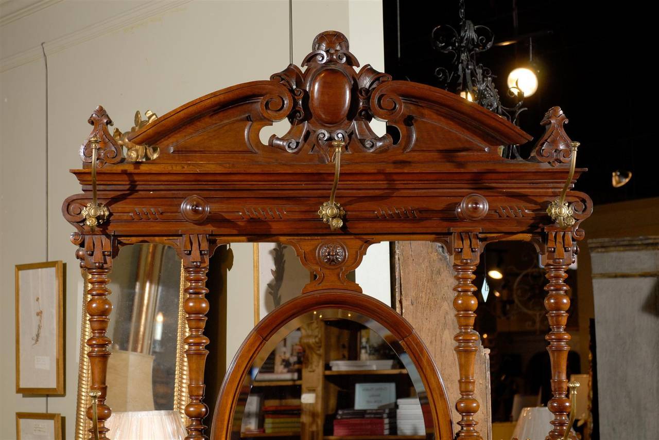 20th Century French Walnut Hall Tree with Central Mirror For Sale