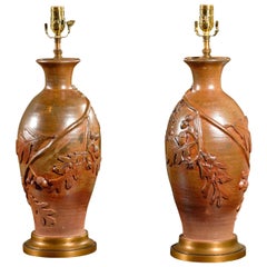 Pair of Contemporary Lustre Overglazed Ceramic Table Lamps with Oak Leaves