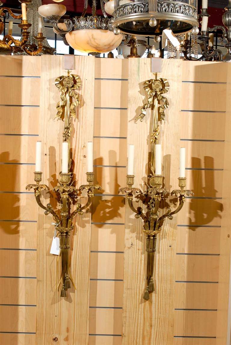 Exquisite pair of three light gilt bronze sconces