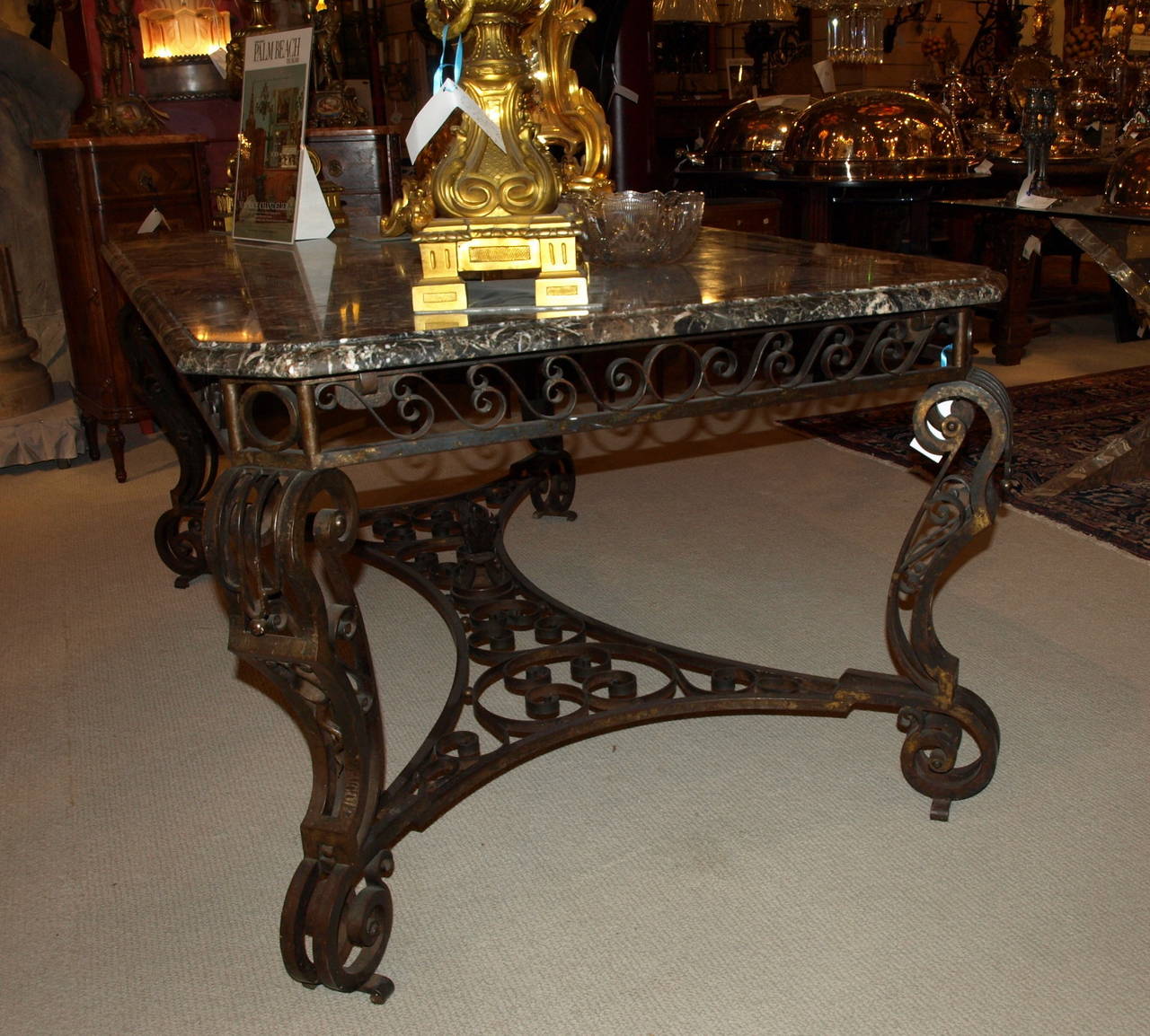 French Antique Iron Table with Marble Top For Sale