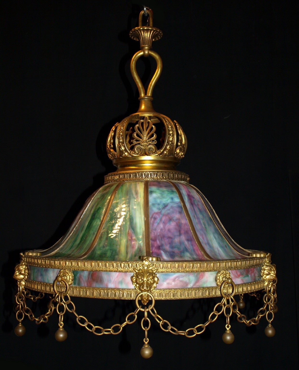 Beautiful gilt bronze and stained glass hanging light, three internal lights.