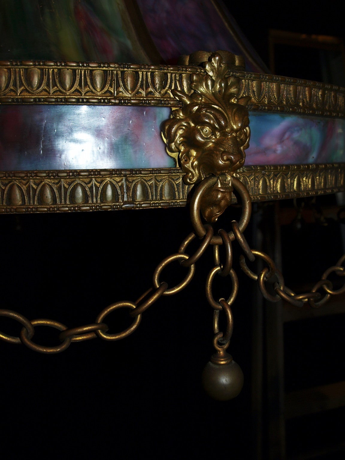 19th Century Antique Chandelier. Stained Glass Lamp