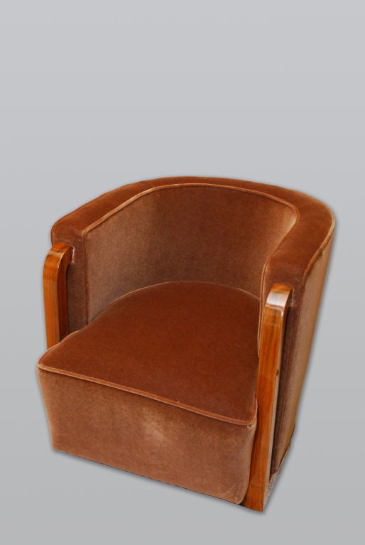 Eric Bagge for Mercier Freres modernist club chair in French walnut with mohair upholstery.