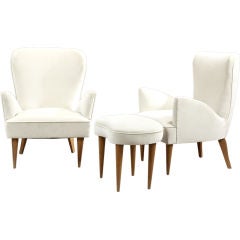 Italian Low Wing Chairs with Ottoman