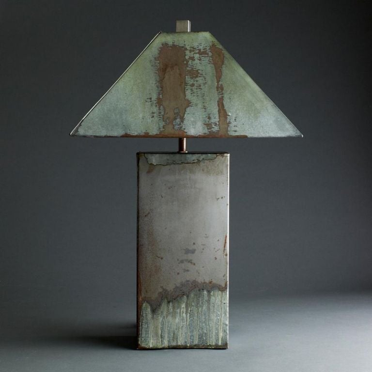 Galvanized metal lamp in shades of green and gray