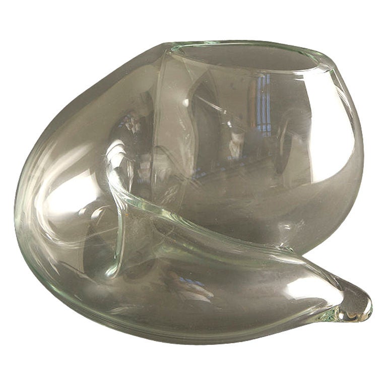 John Bingham amorphic glass sculpture, hand blown.  Made of heavy, thick glass Cornucopia-like shape with hollow middle.  Signature, John Bingham etched on the side of the piece.