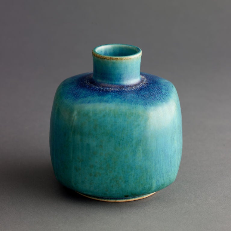 Eva Staehr-Nielsen for Saxbo turquoise rounded square shape ceramic vase with 1