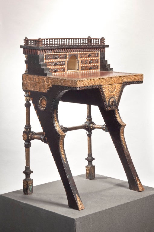 Carlo Buratti ebonized wood, mahogany, leather, applied copper and mother of pearl writing desk.