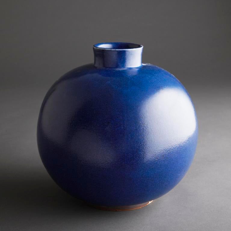 Saxbo large cobalt blue round vase with short neck.