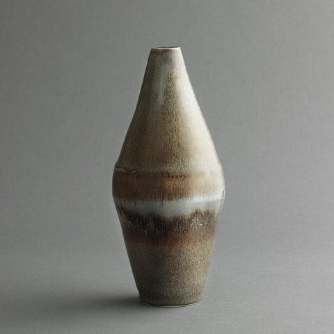 Saxbo large brown/gray mottled ceramic vase with bulge in the middle.