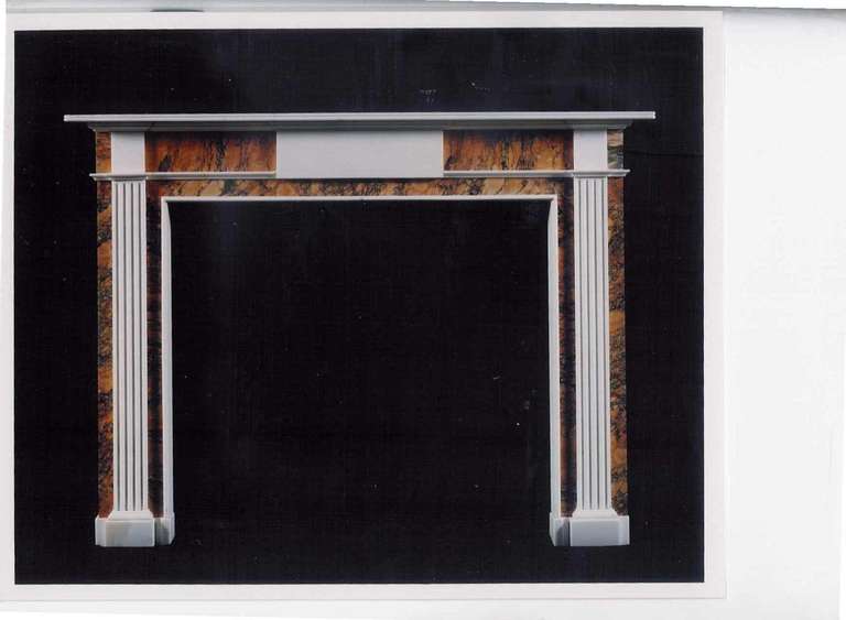 A fine Early 19th Century Regency statuary marble chimneypiece in the Neo-Classical manner, with fluted statuary pilasters and a blank tablet on a Sienna background, on statuary footblocks.