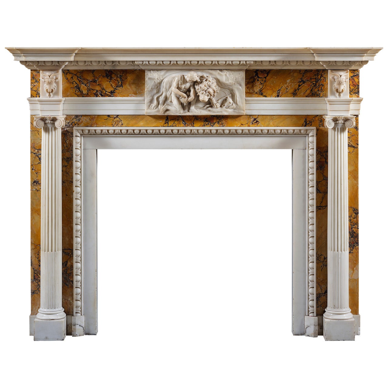 Antique George III Style White Statuary and Sienna Marble Fireplace Mantel For Sale
