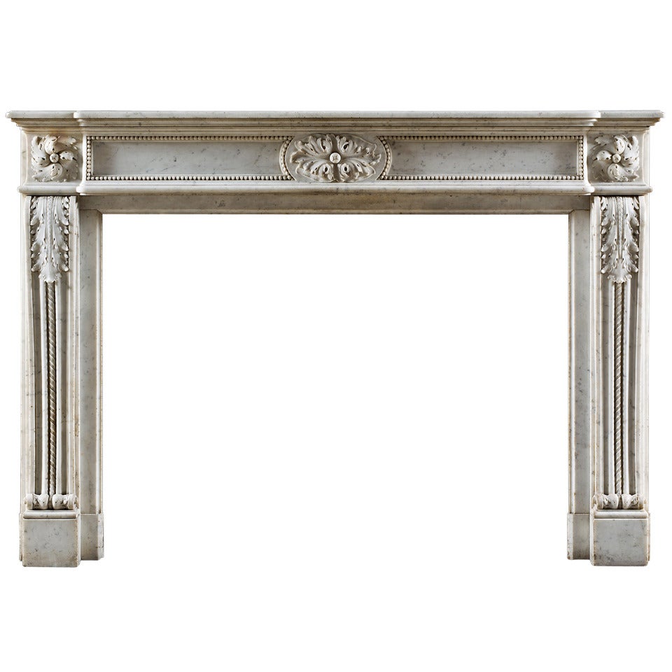 Antique Louis XVI Style French White Statuary Marble Chimneypiece