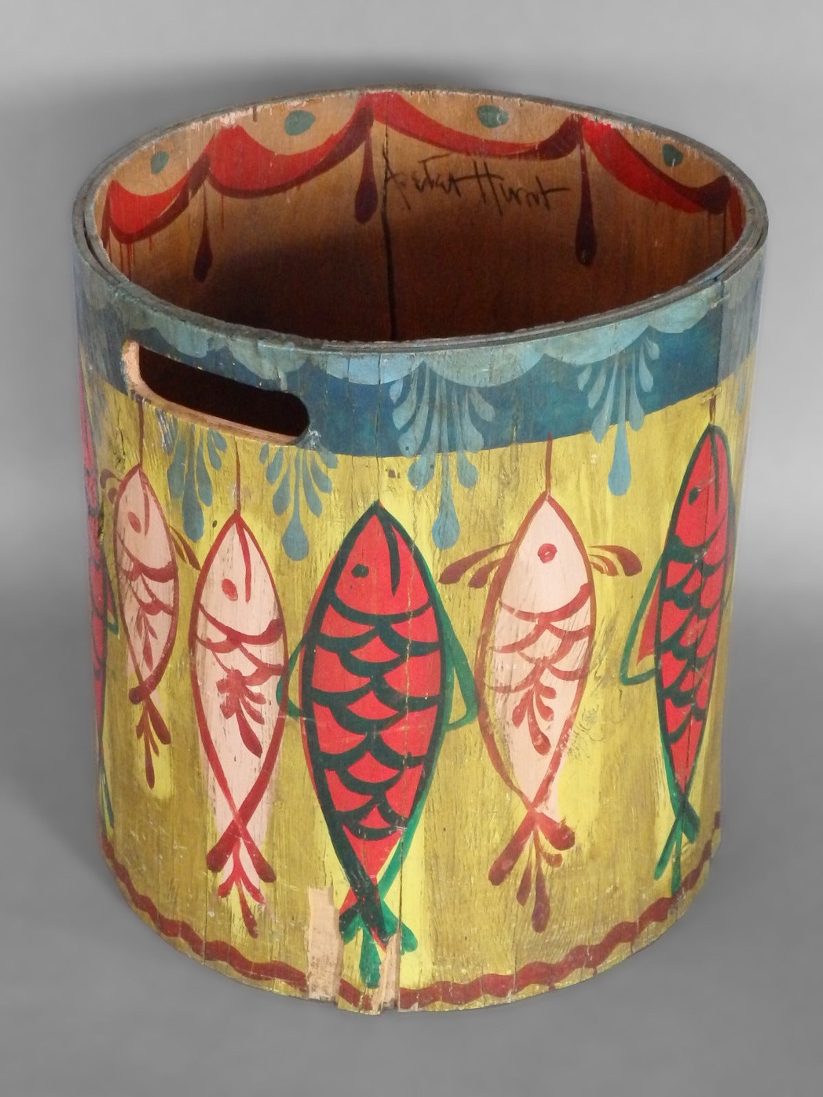 Folk painted modernist trash can by Peter Hunt 1898-1967.
Provincetown and Orleans Massachusetts, U.S.A.