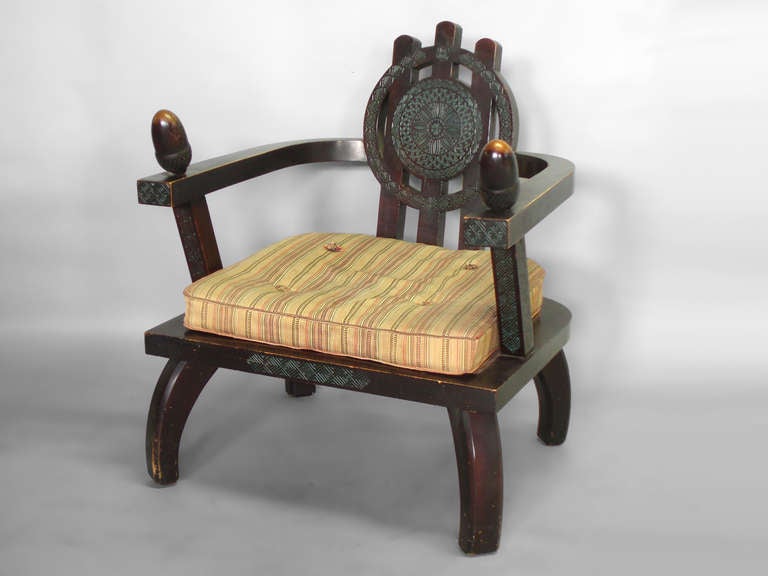 Carved and stained oak lounge chair by Ettore Zaccari, Milan.
Stamped on underside Yugoslavia.