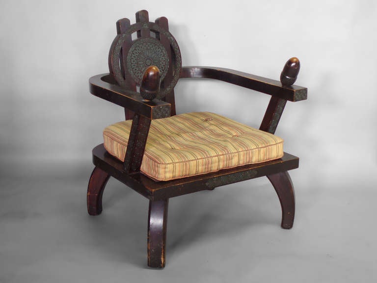 Italian Carved and Stained Oak Lounge Chair by Ettore Zaccari