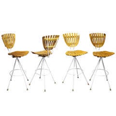 Four Wrought Iron Base with Wood Slat Bar Stools by Arthur Umanoff