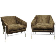 Pair of Gio Ponti brass trim white Steel Frame Lounge chairs 3