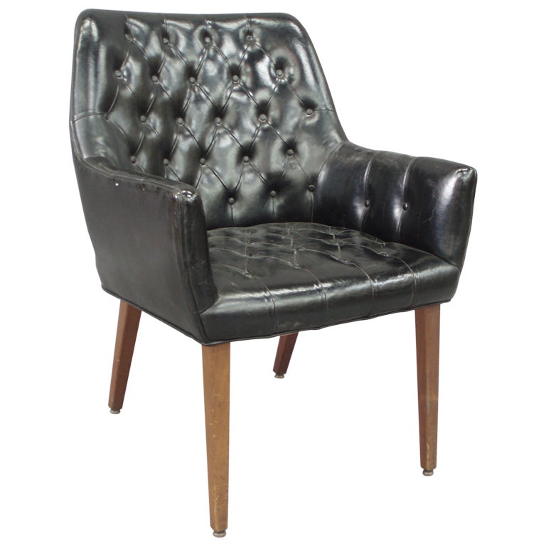 Pair of diamond tufted black leather occasional chair. Unknown designer for B.L. Marble Furniture.