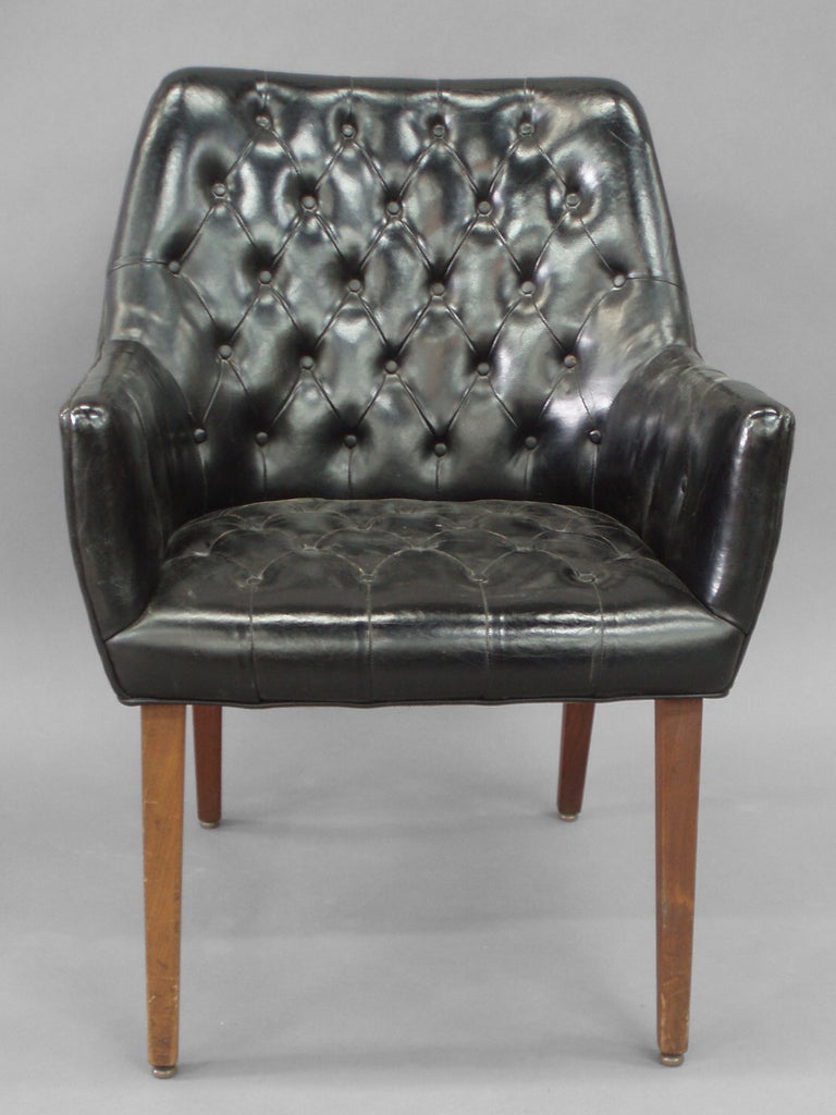 Pair of Diamond Tufted Black Leather Occasional Chairs For Sale at 1stdibs