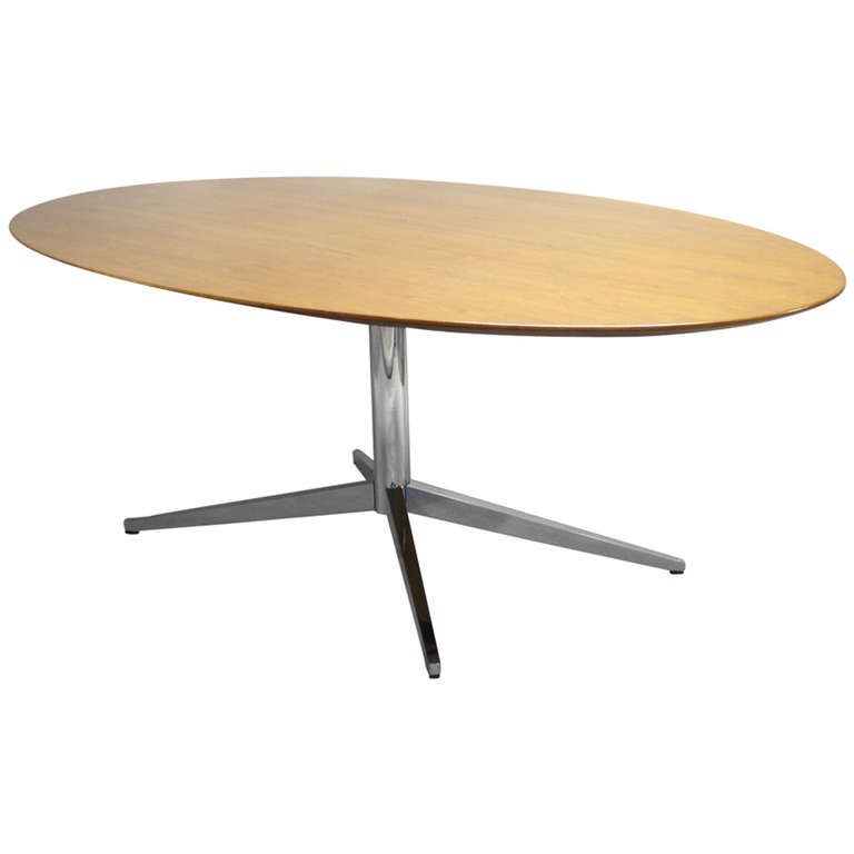 Oval Teak Table/Desk on Chrome Steel Base by Florence Knoll For Sale at
