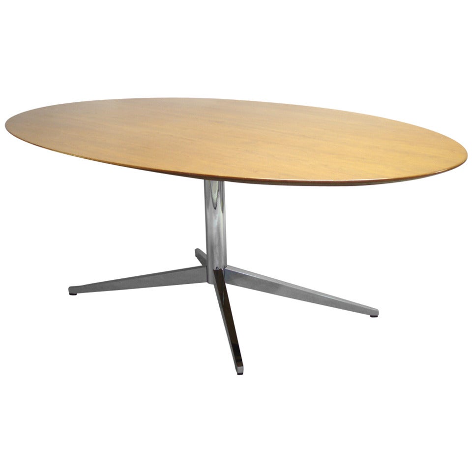 Oval Teak Table/Desk on Chrome Steel Base by Florence Knoll