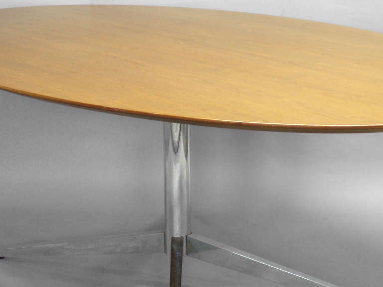 Welded Oval Teak Table/Desk on Chrome Steel Base by Florence Knoll