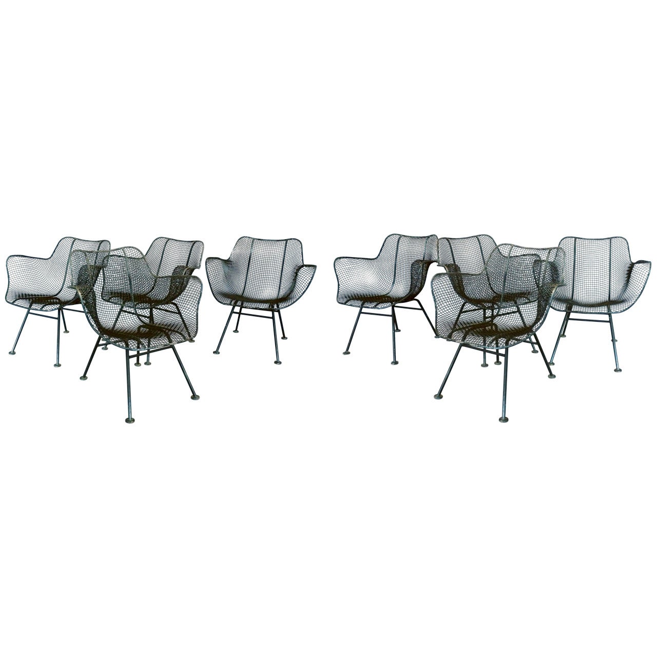 Set of Eight Woodard Steel Mesh Wrought Iron Arm Chairs