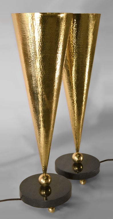 Pair of Hammered Brass and Marble Table Torchieres